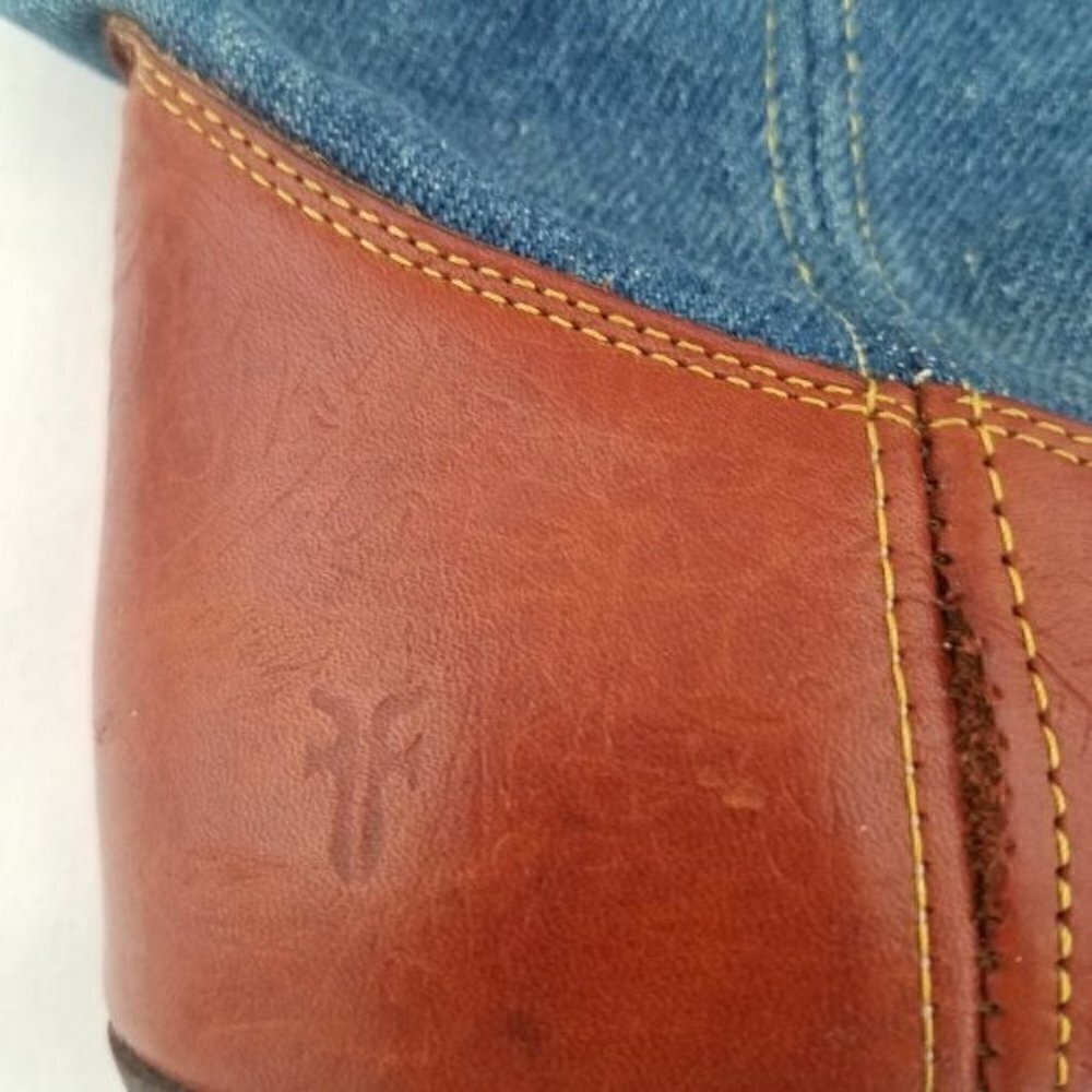 Vintage 1980s Frye Denim and Tooled cognac  Leather  Western Boot 8 - Picture 10 of 15